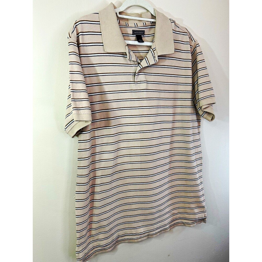 Saddlebred Men's XL Regular Beige/Brown Striped Short Sleeve 100% Cotton Polo